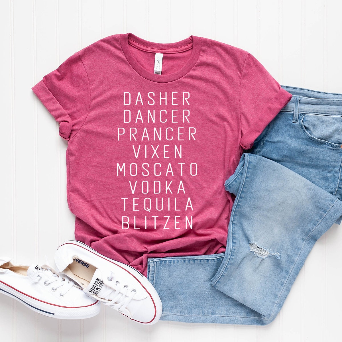 Funny Christmas Shirt, Funny Drinking Shirt, Funny Alcoholic Shirt, Drinking Party Tee, Dasher Dancer Prancer Vixen Moscato Vodka Tequila - Fastdeliverytees.com