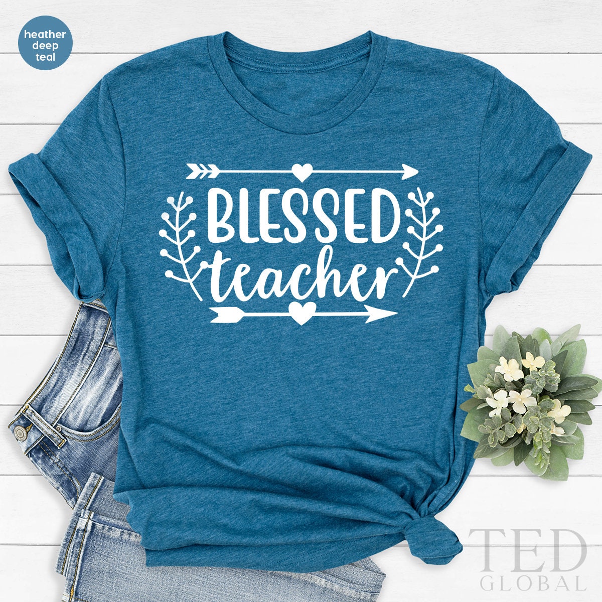 Kindergarten Teacher Shirt - Women's Rainbow Heart Graphic Short Sleeve Tee, Inspirational Teacher Gift (Blue, Small)