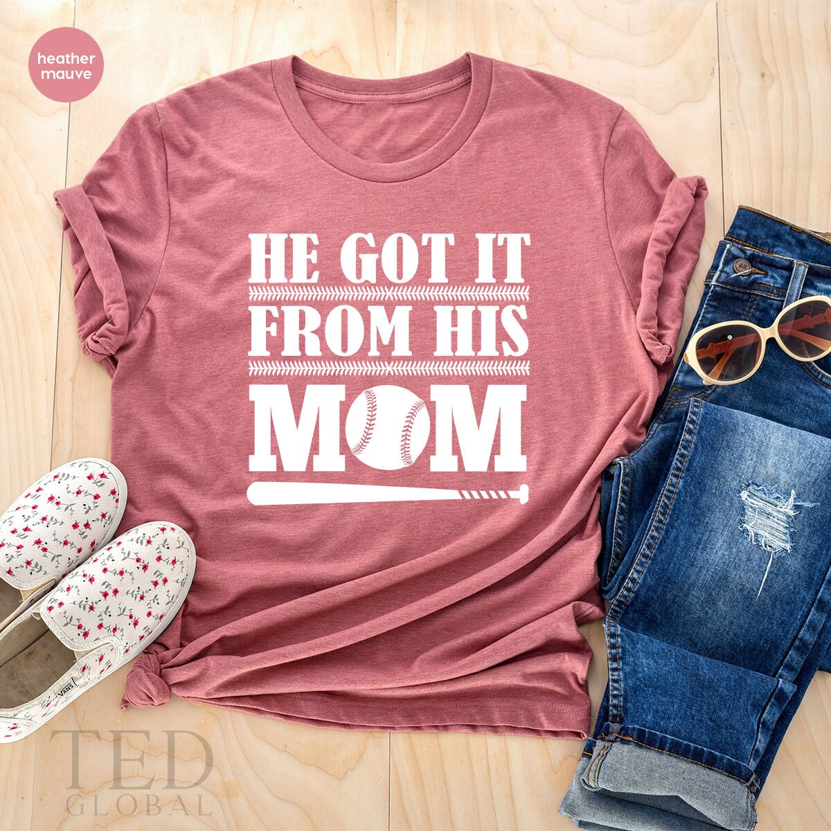 Funny Baseball Shirt, Baseball Boy TShirt, Softball Boys Shirt, He Got It  From His Mom, Cheer Mama Shirt, Baseball Mom T Shirt, Sports Mom