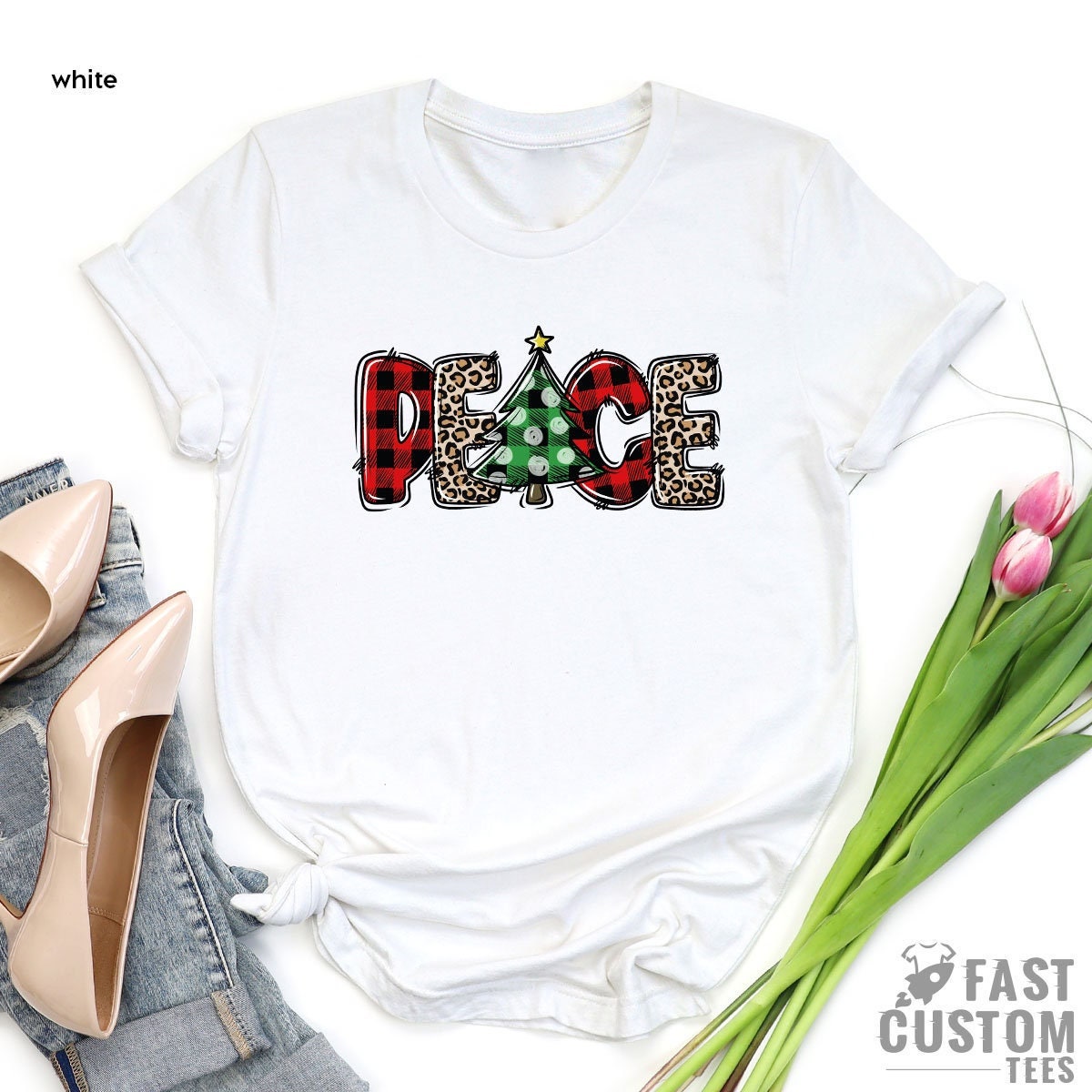 Christmas T-Shirt, Merry Peace Shirt, Women Christmas Tree T-shirt, Christmas Gift, Cute Christmas Tee, Family Christmas Shirt, Merry Tee - Fastdeliverytees.com