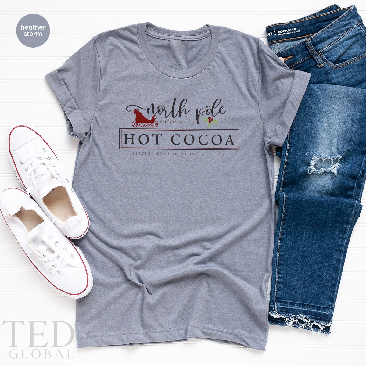 Cute North Pole Hot Cocoa T-Shirt, Funny Chocolate T Shirt, Shirts, Family Christmas Shirt, Serving Hugs In Mugs TShirt, Gift For Christmas - Fastdeliverytees.com