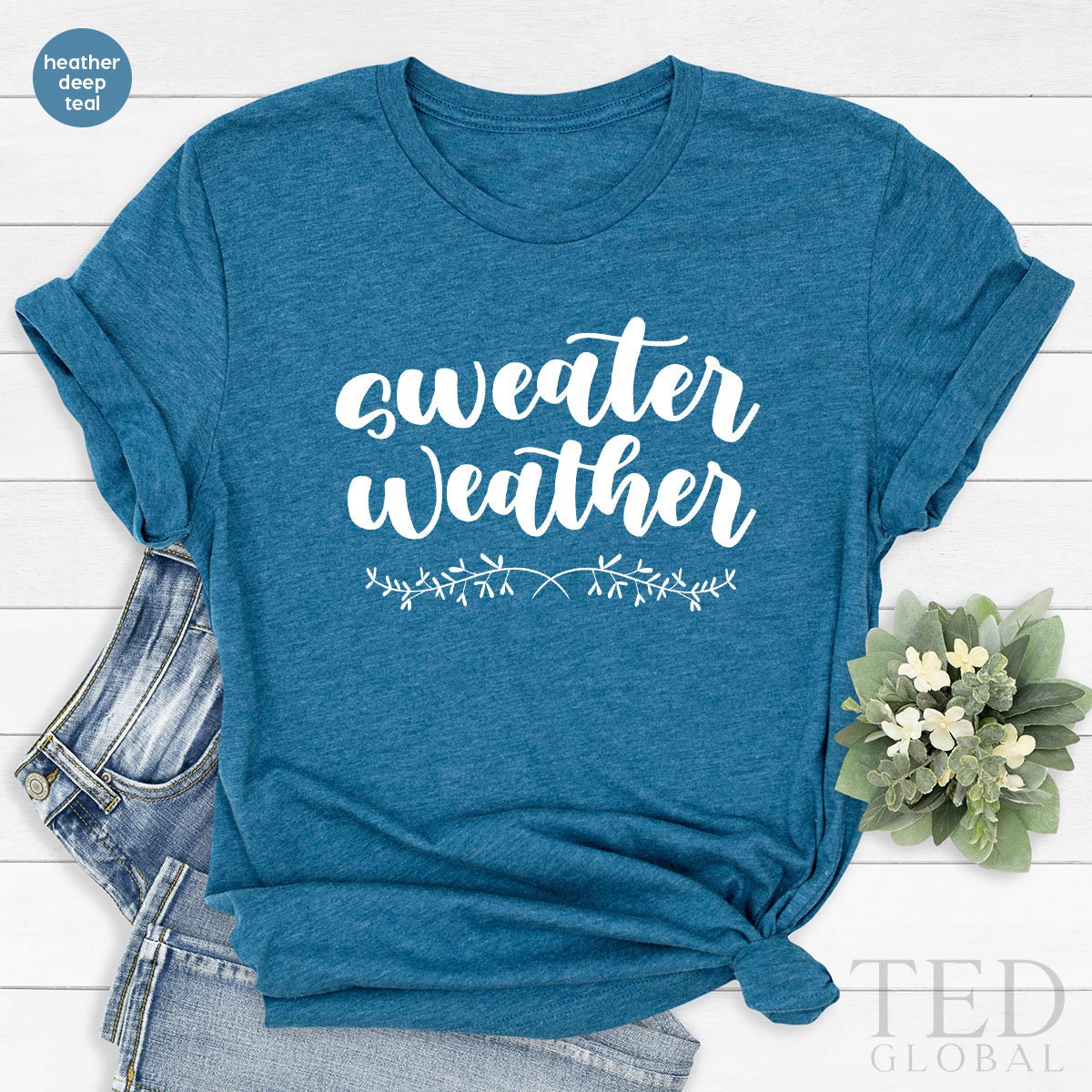 Cute Sweater Weather T-Shirt, Funny Fall T Shirt, Family Fall Shirts, Floral Autumn Shirt, Pumpkin Season TShirt, Gift For Thanksgiving - Fastdeliverytees.com