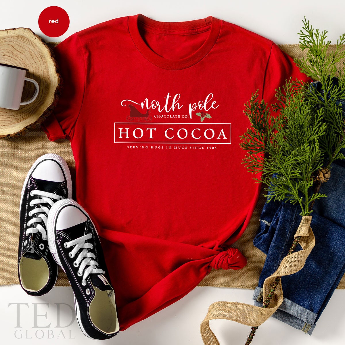 Cute North Pole Hot Cocoa T-Shirt, Funny Chocolate T Shirt, Shirts, Family Christmas Shirt, Serving Hugs In Mugs TShirt, Gift For Christmas - Fastdeliverytees.com
