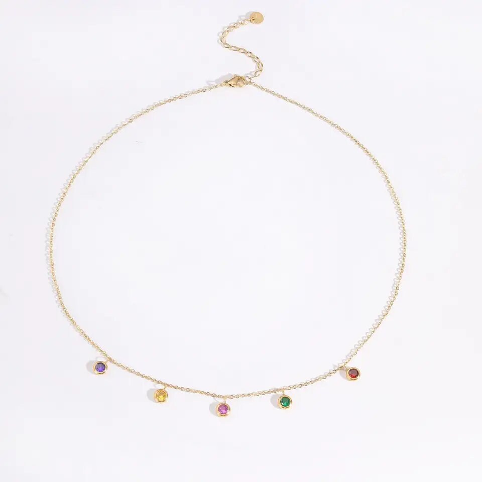 Multiple Charm Necklace, 18K Gold, Colorful Gemstone Necklace, Mothers Day Gift, Zirconia Necklace, Gift For Mama, Everyday Dainty Necklace