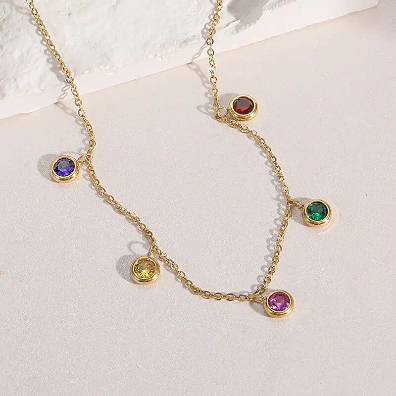 Multiple Charm Necklace, 18K Gold, Colorful Gemstone Necklace, Mothers Day Gift, Zirconia Necklace, Gift For Mama, Everyday Dainty Necklace