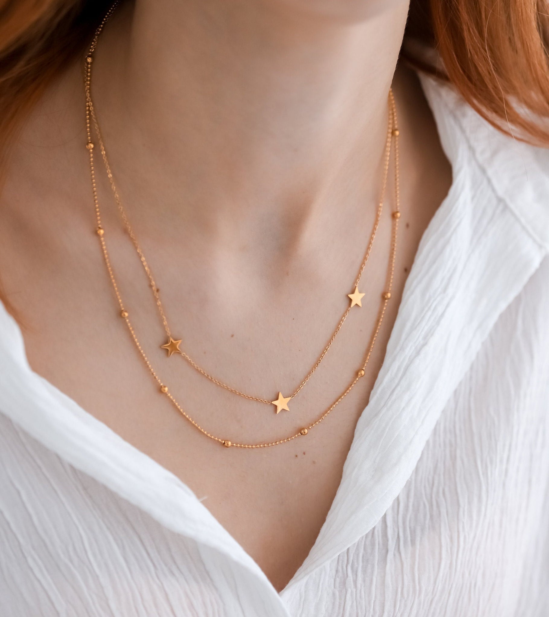 Double Layer Star Necklace, 18K Gold, Gift For Mom, Dainty Necklace, Minimalist Necklace,Star Necklace,Boho Beaded Choker,Necklace for Women