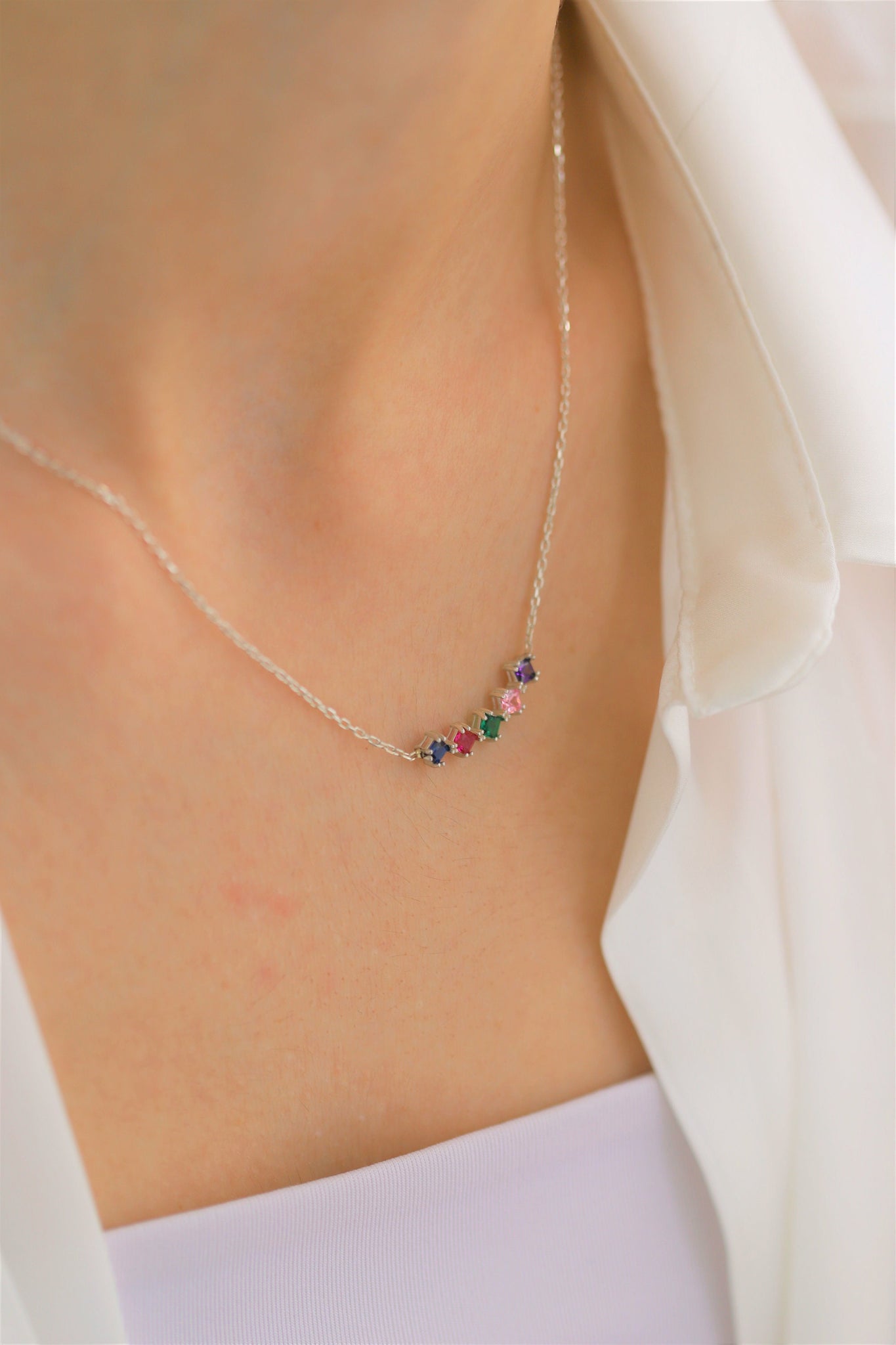 Mother's Birthstone Necklace - Engraved Gemstone Bar Pendants