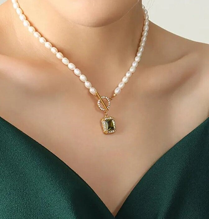 Square Zircon Toggle Necklace, 18K Gold, Mothers Day Gift, Fresh Water Pearl Necklace, Dainty OT Necklace, Gift For Mom, Minimalist Necklace