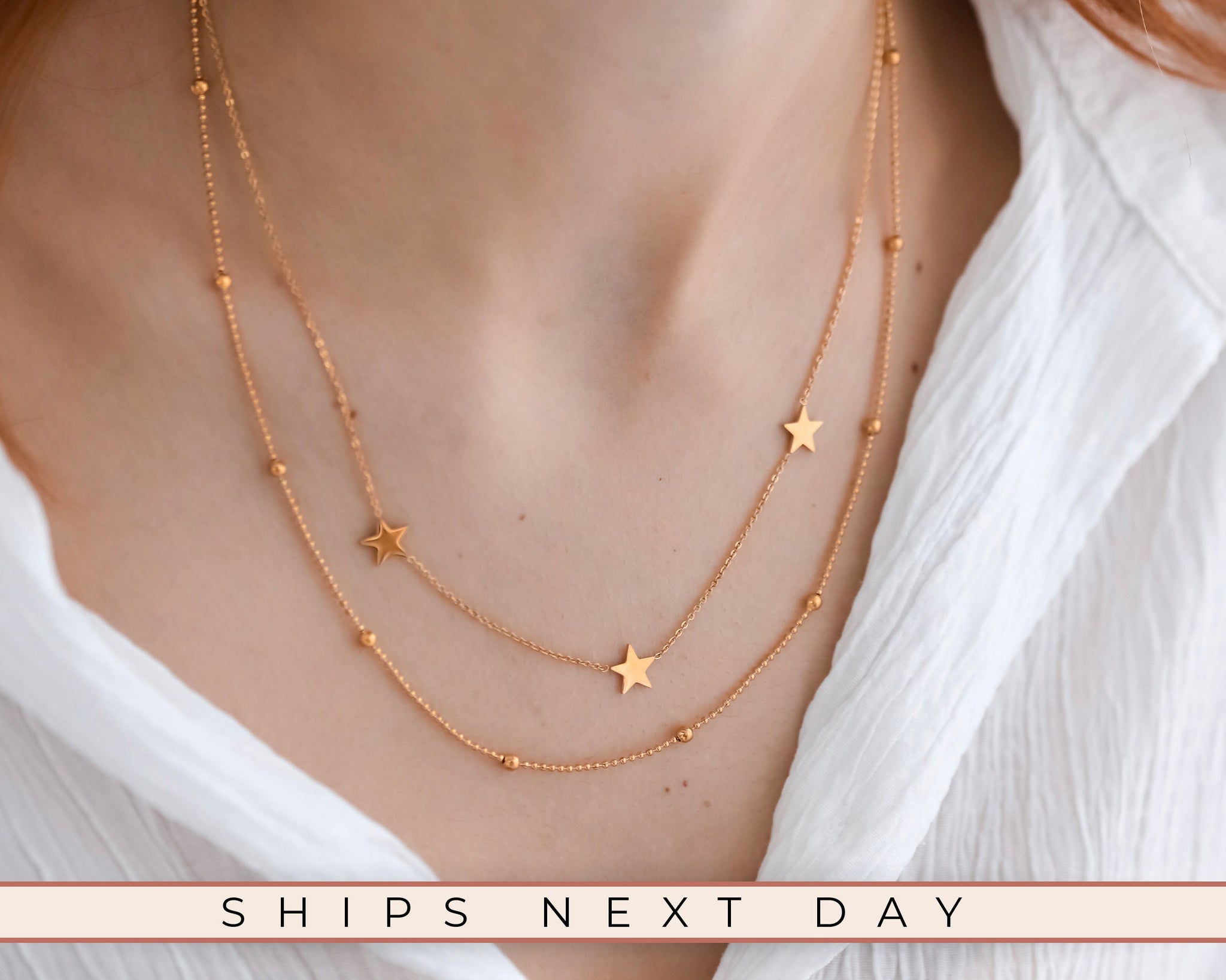 Double Layer Star Necklace, 18K Gold, Gift For Mom, Dainty Necklace, Minimalist Necklace,Star Necklace,Boho Beaded Choker,Necklace for Women