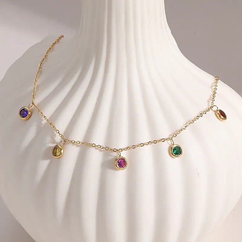 Multiple Charm Necklace, 18K Gold, Colorful Gemstone Necklace, Mothers Day Gift, Zirconia Necklace, Gift For Mama, Everyday Dainty Necklace