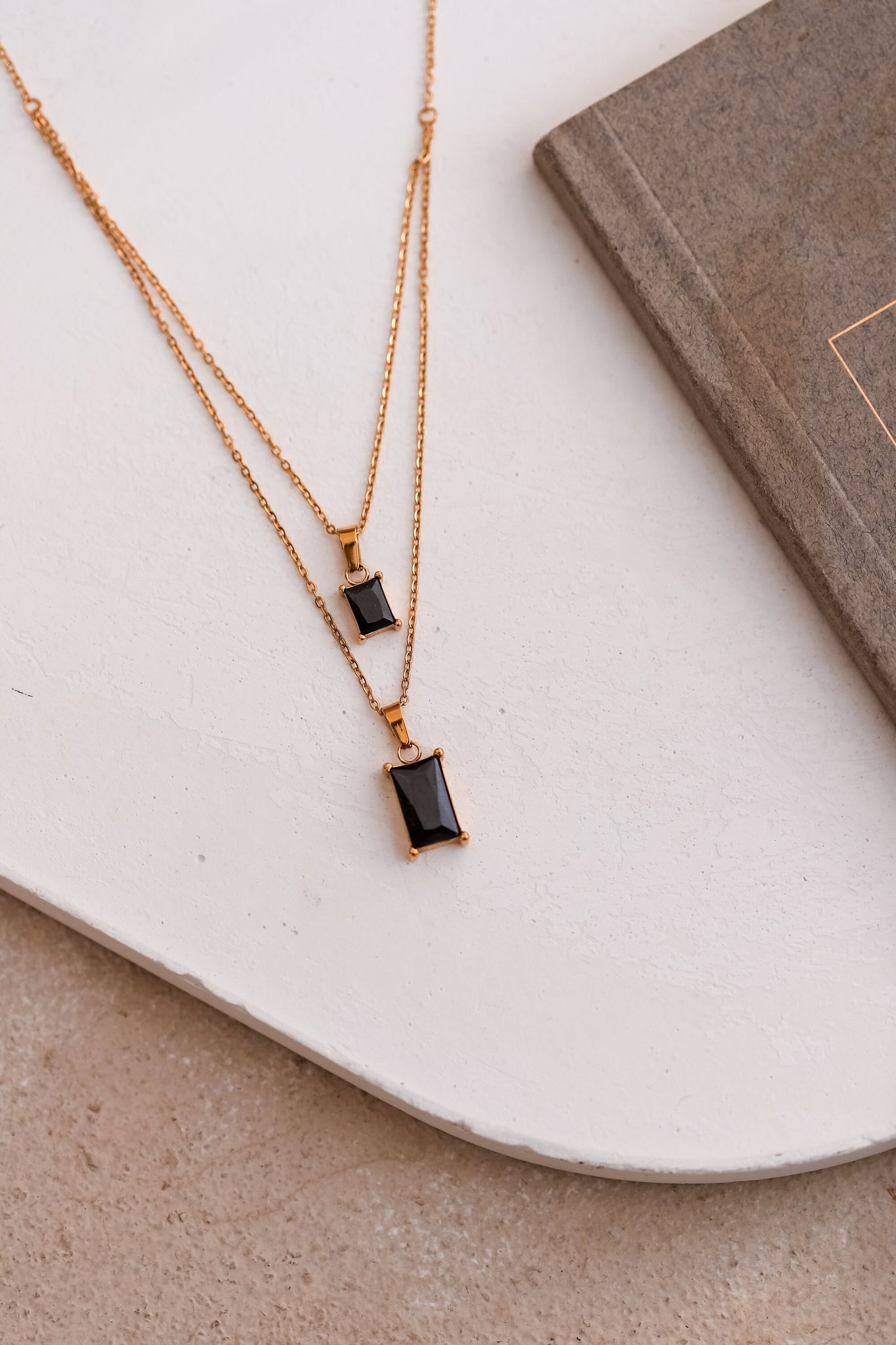 Black Stone Layered Necklace, 18K Gold, Double Layer Necklace, Dainty Necklace, Black Stone Pendant, Waterproof Necklace, Necklace For Mom