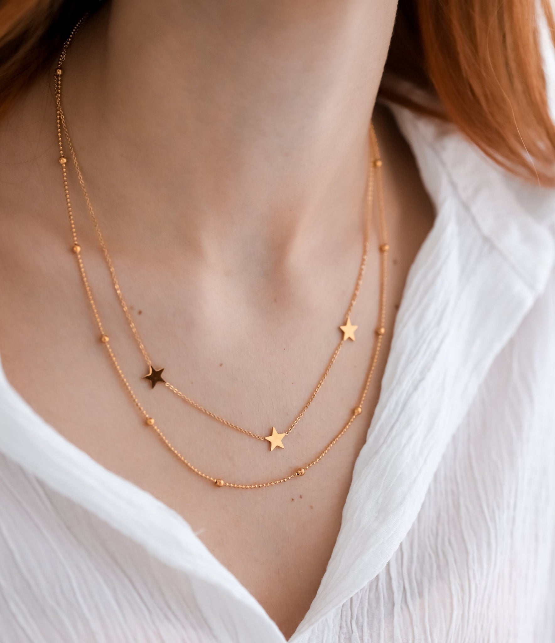 Double Layer Star Necklace, 18K Gold, Gift For Mom, Dainty Necklace, Minimalist Necklace,Star Necklace,Boho Beaded Choker,Necklace for Women