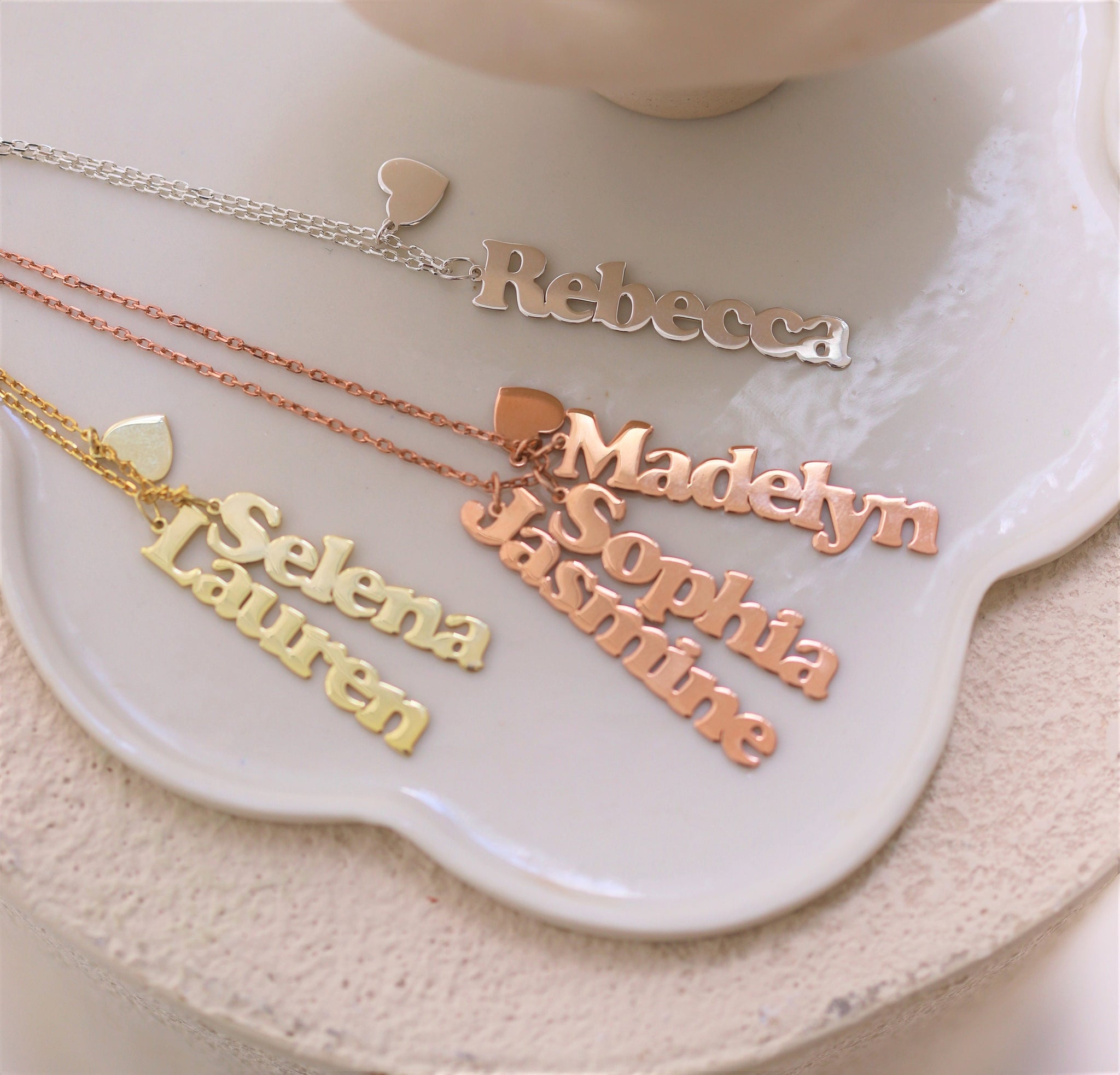Custom Vertical Name Necklace, Mothers Day Necklace, Personalized Dangle Name Necklace, Family Name Necklace, Dainty Heart Charm Necklace