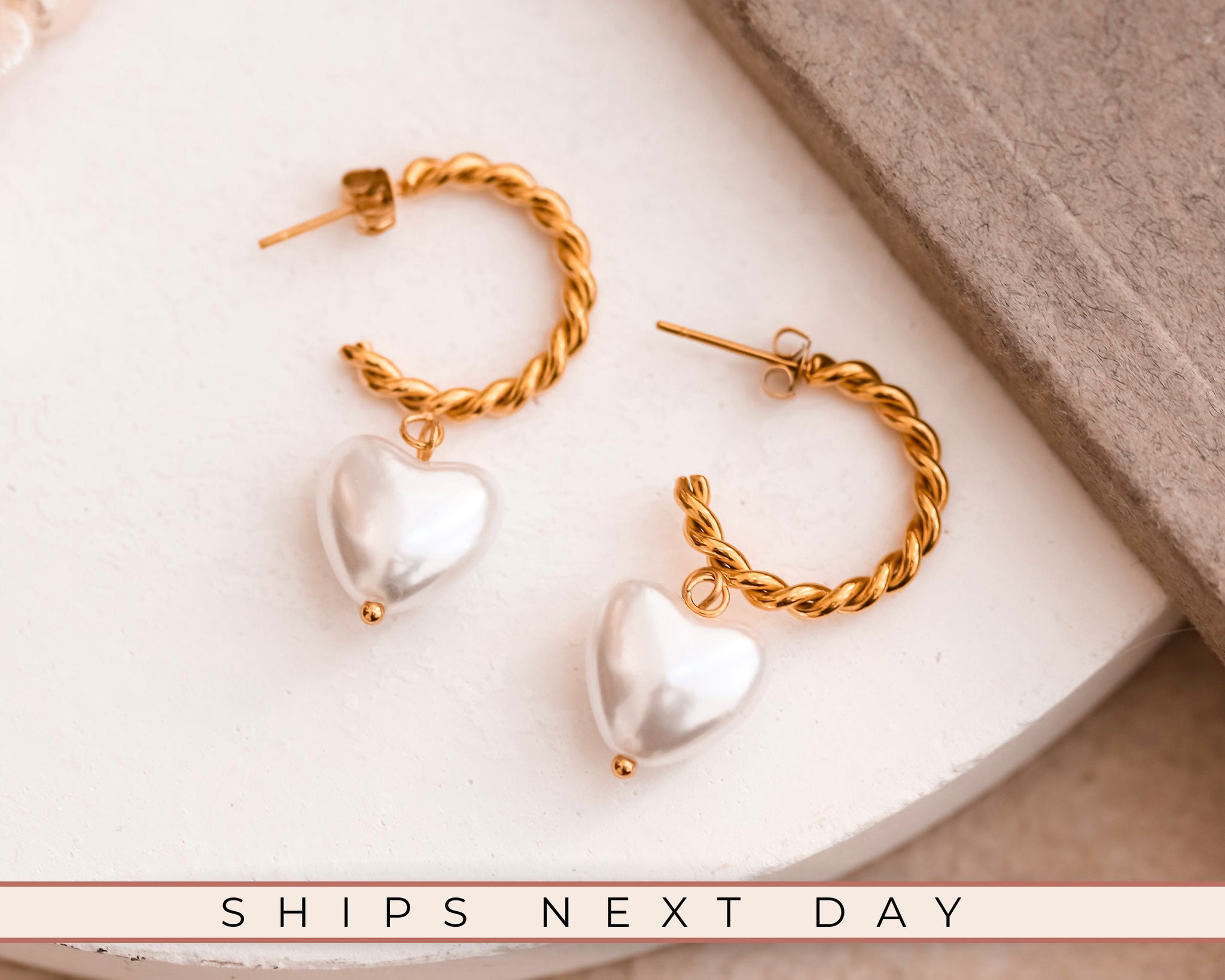 Stud Pearl Earrings, 18K Gold, Heart Shape Hoop Earrings, Bridesmaid Earrings, Dangle Earrings, Unique Pearl Jewelry, Everyday Earrings