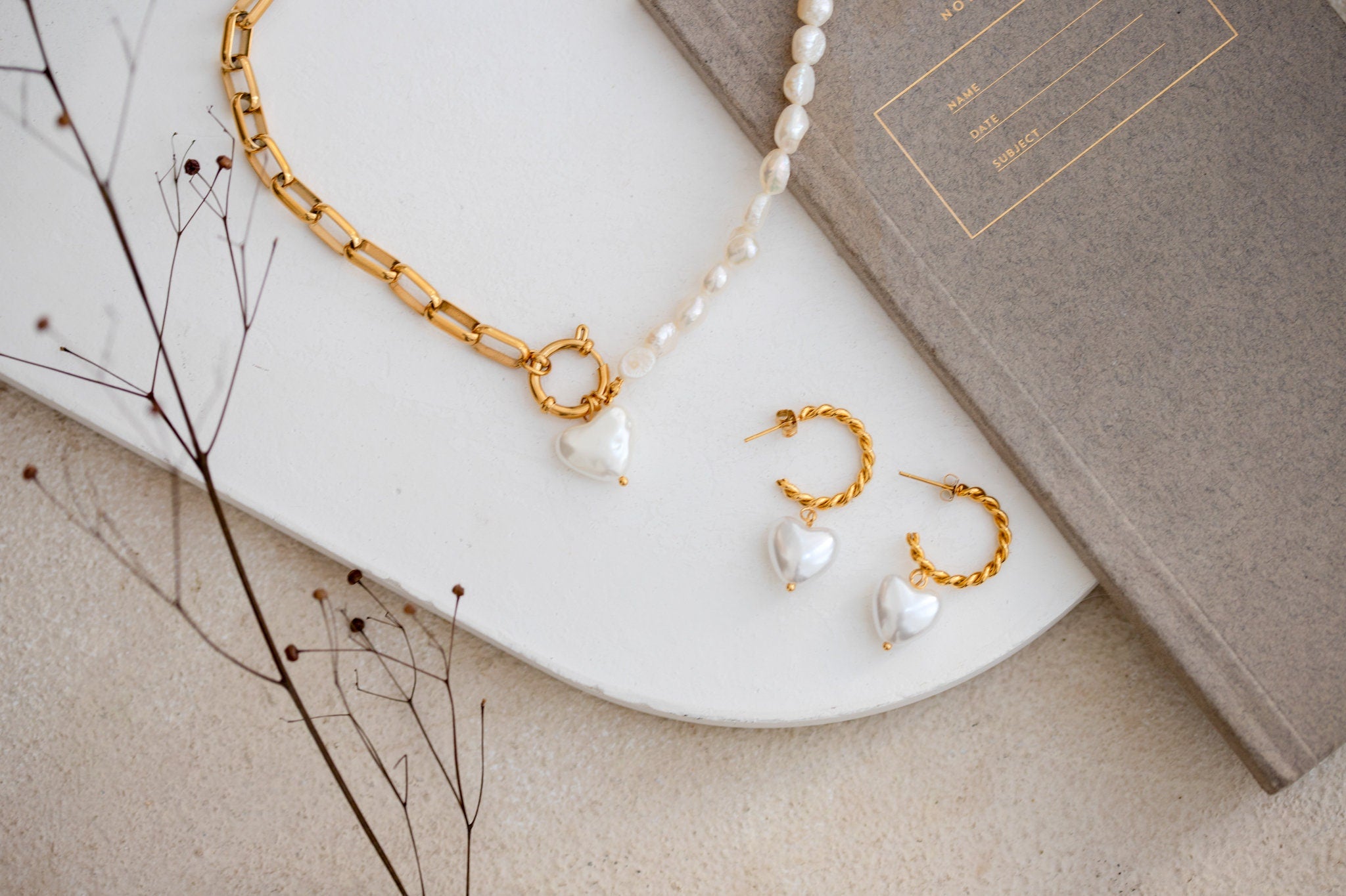 Stud Pearl Earrings, 18K Gold, Heart Shape Hoop Earrings, Bridesmaid Earrings, Dangle Earrings, Unique Pearl Jewelry, Everyday Earrings