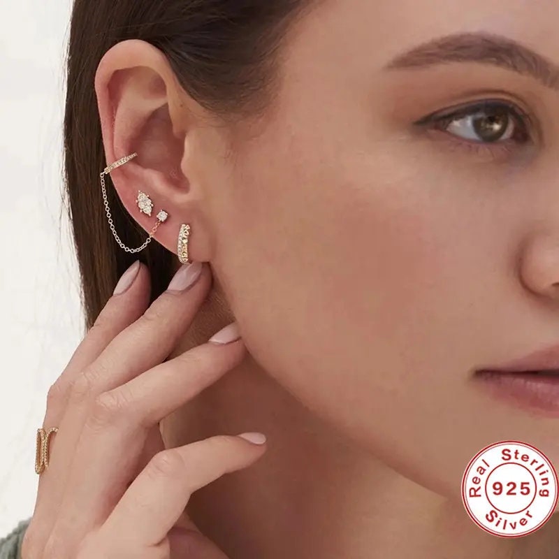 Dainty Cuff Earring, Crystal Chain Earrings, Minimalist Earrings, Chain Earrings, Gift For Woman, Everyday Earrings, Waterproof Earrings