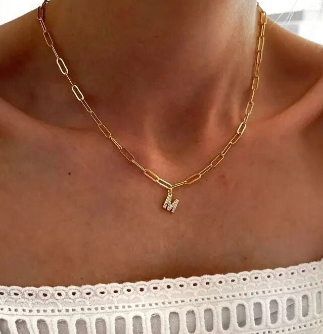 18K Gold Paperclip Chain Initial Necklace, Minimalist Initial Necklace, Custom Initial Gold Necklace, Gifts For Her, Cute Letter Necklace