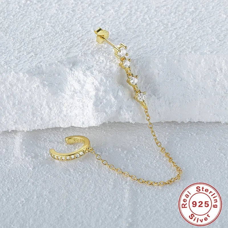 Dainty Silver Stud Earring and Ear Cuff, Dangle Drop Earrings, Minimalist Earrings, Unique Jewelry, Chain Earrings, Tassel Trendy Earrings
