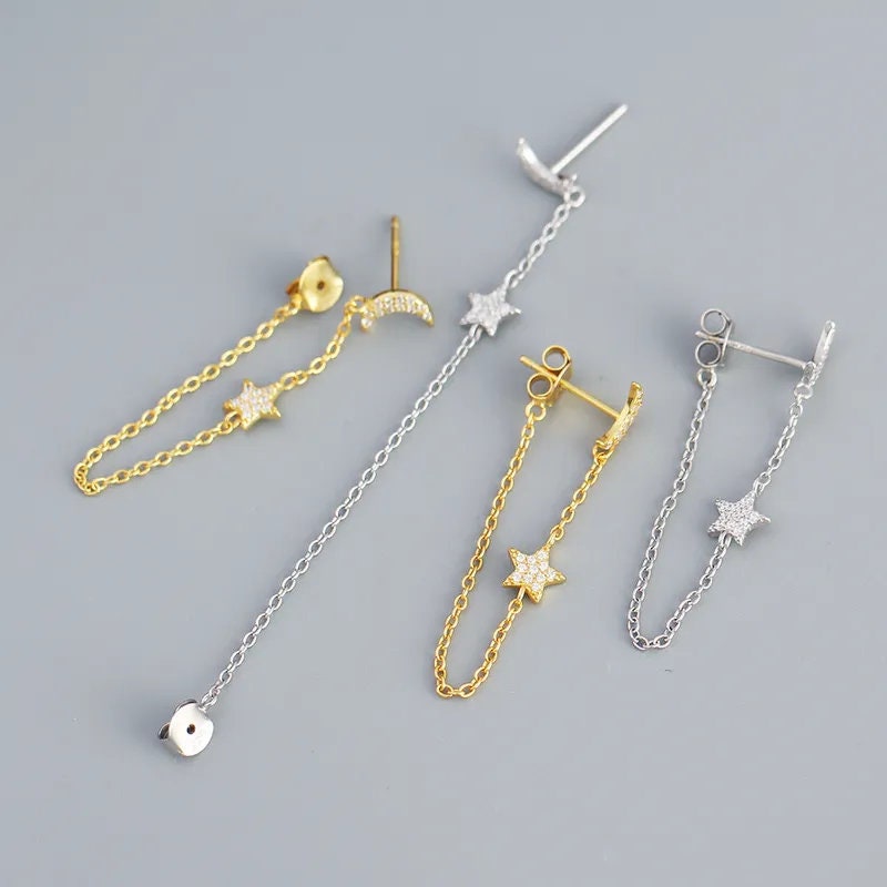 Moon And Star Earrings, Silver Rhinestones Earrings, Dangle Drop Earrings, Minimalist Jewelry, Celestial Earrings, Trendy Stud Earrings