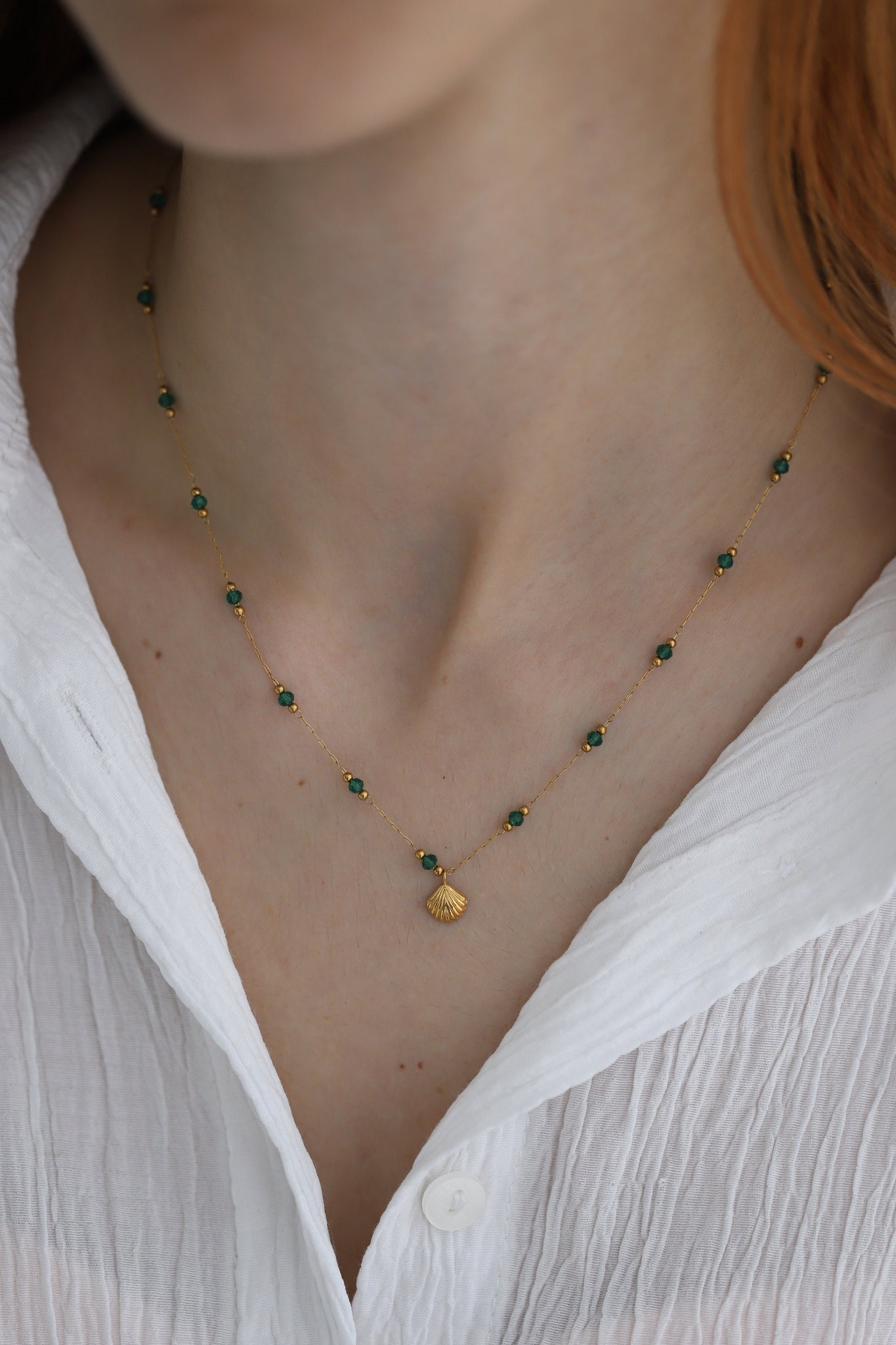Green Stone Shell Necklace, 18K Gold, Natural Stone Necklace, Mothers Day Gift, Green Beaded Necklace, Gift For Mom, Necklaces For Women