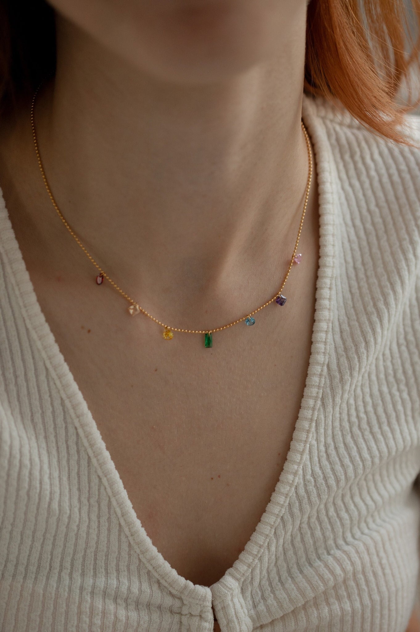 Rainbow Stone Necklace, 18K Gold, Link Charm Necklace, Mama Necklace, Gemstone Necklace, Mothers Day Gift, Delicate Necklace, Unique Jewelry