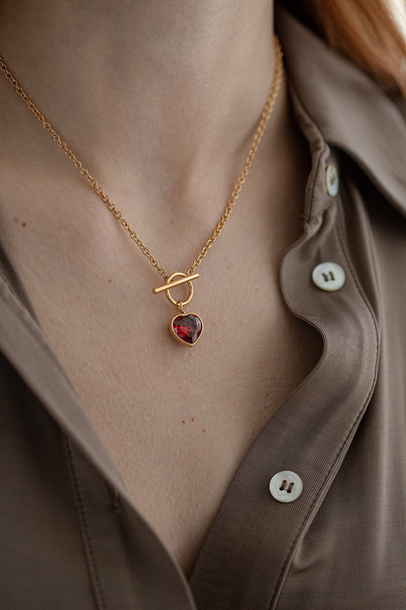 Zirconia Heart Necklace, 18K Gold, OT Necklace, Mothers Day Gift, Garnet Stone Necklace, Mother Necklace, Dainty Necklace, Gift For Mom