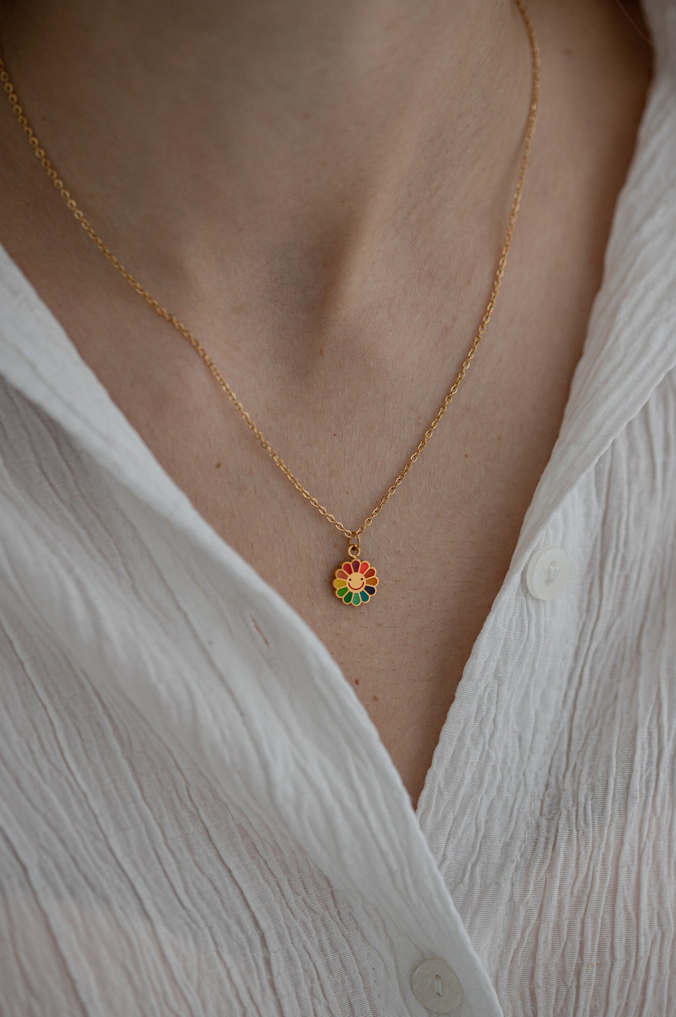 Colorful Sunflower Necklace, 18K Gold Necklace, Gift For Her, Laughing Sunflower Charm, Minimalist Necklace, Summer Jewelry, Dainty Necklace